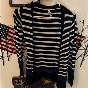 Aeropostale Black and White Striped Cardigan with Purple Trim